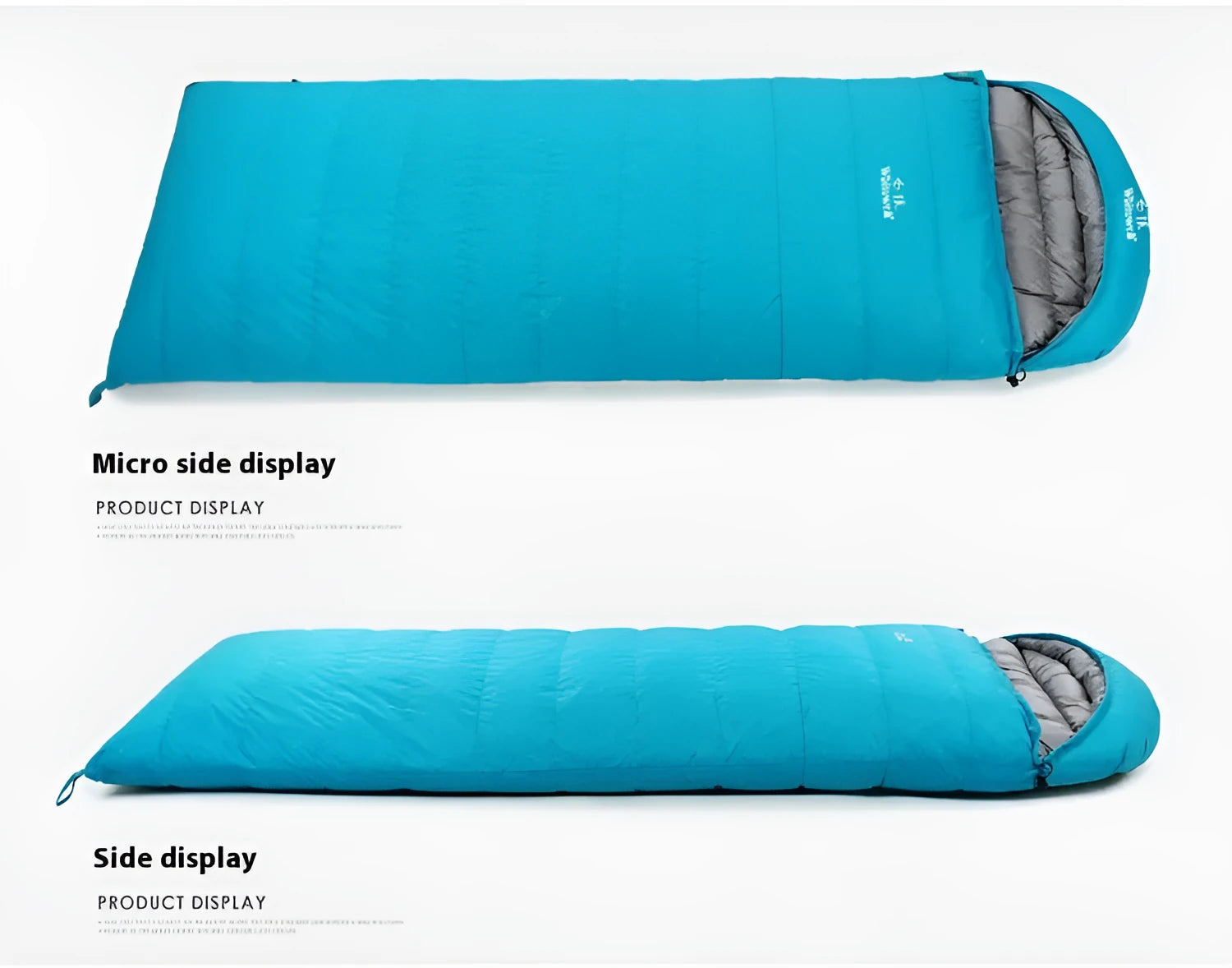 Black outdoor down sleeping bag with envelope construction for adult camping use
