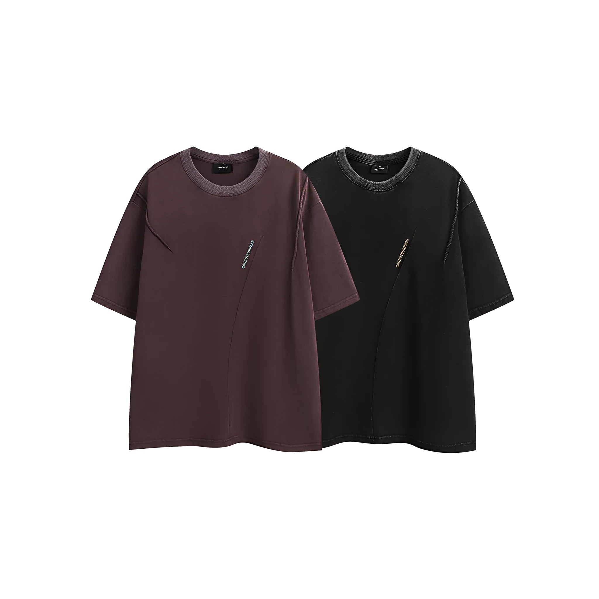 Men's purple cotton loose fit retro embroidered short-sleeve T-shirt laid flat.