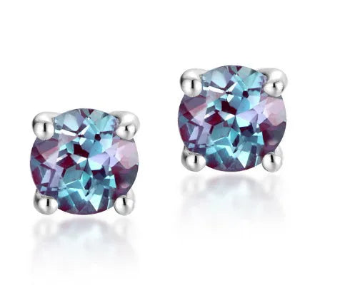Silver geometric ear studs with round design in cultivate Alexandrite colour for women