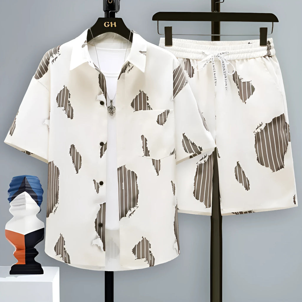 Men's grey casual polyester two-piece set with short sleeve top and matching shorts on a hanger.