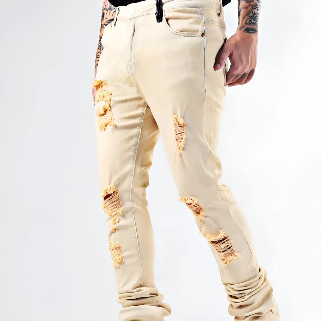 Elastic Youth Heavy Duty Flare Jeans in apricot colour, cotton stretch denim, medium high waist, stone washed finish