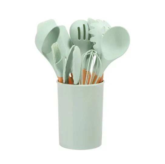 12-piece non-stick silicone kitchenware set with wooden handles in modern simplicity design, various colour box packaging options