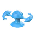 Blue rubber turning windmill cat toy on floor, designed for interactive boredom relief play