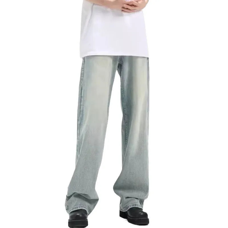Blue retro-style loose-fit casual trousers with high elasticity, made from rabbit fur fabric.