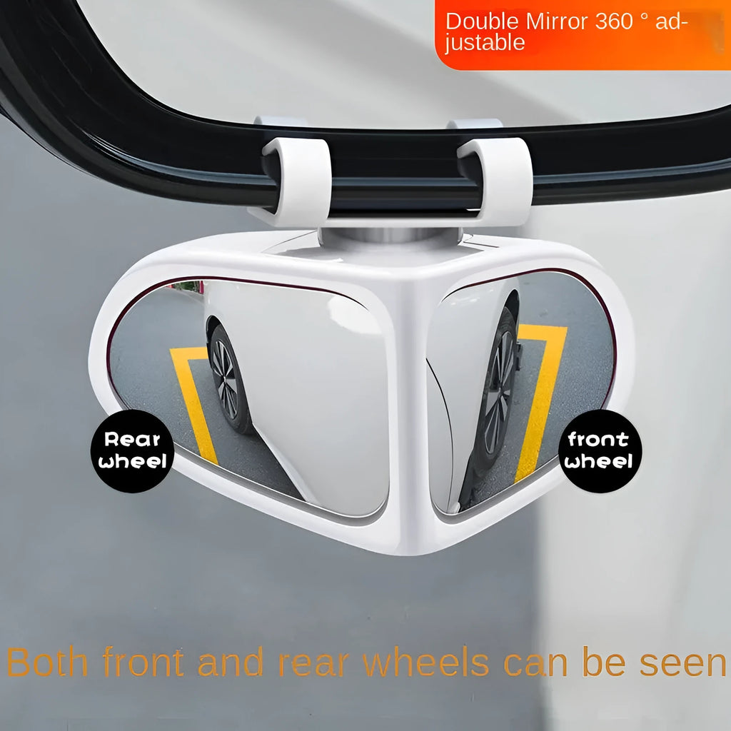 Adjustable wide-angle car reversing mirror in black, shown with adhesive backing.