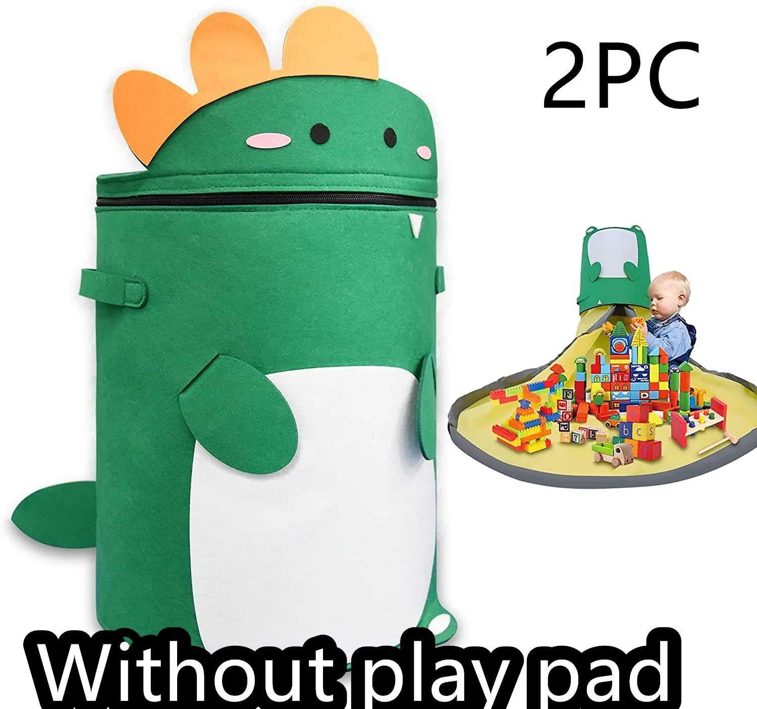Green felt cube storage bag with pull rope open as a floor play mat for toys.