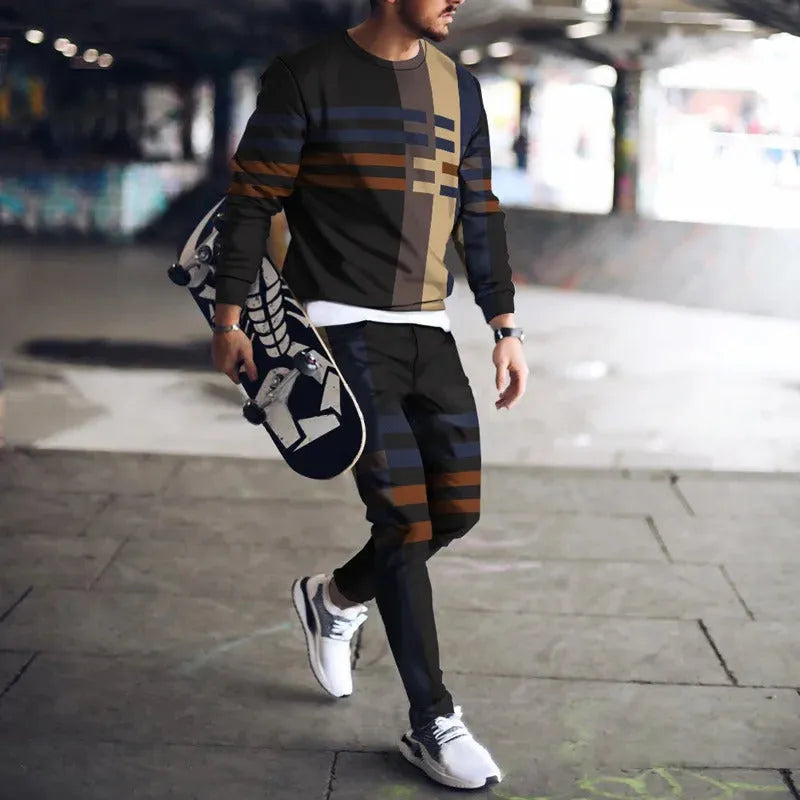 Men's casual printed sportswear suit with polyester blend jacket and trousers, available in multiple colours and sizes S to 6XL