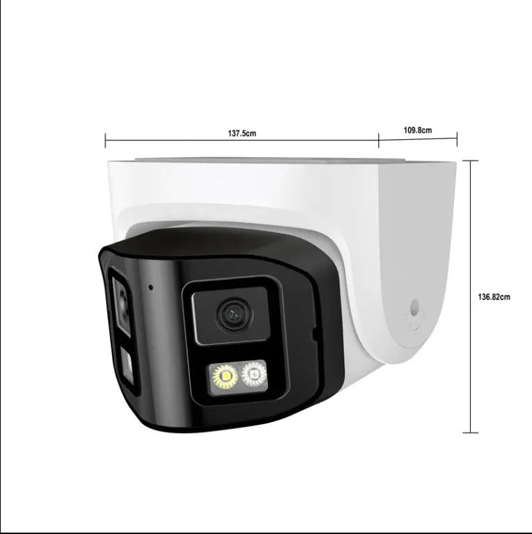 4MP dual-lens panoramic CCTV security camera with metal IP66 housing.