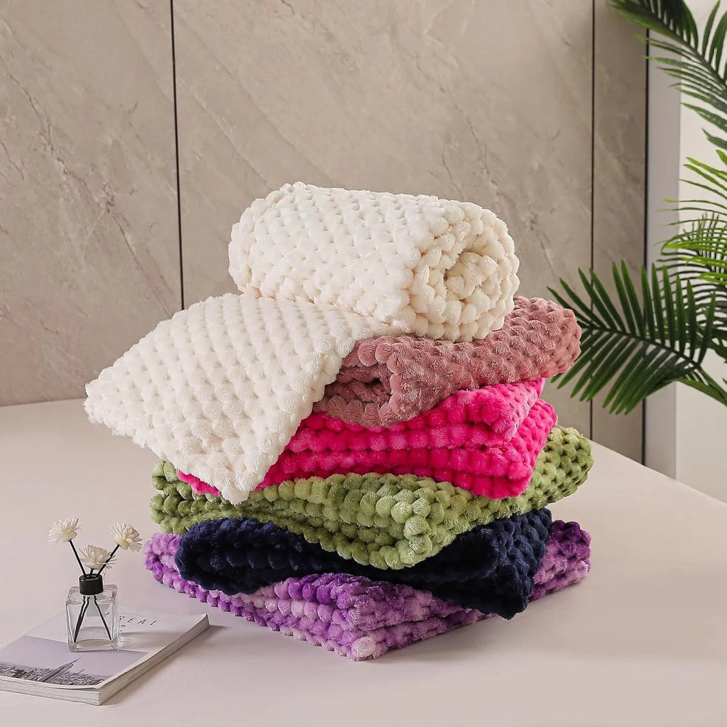 Children's soft plaid polyester blanket in camel colour, shown in a 90x90 inch size.