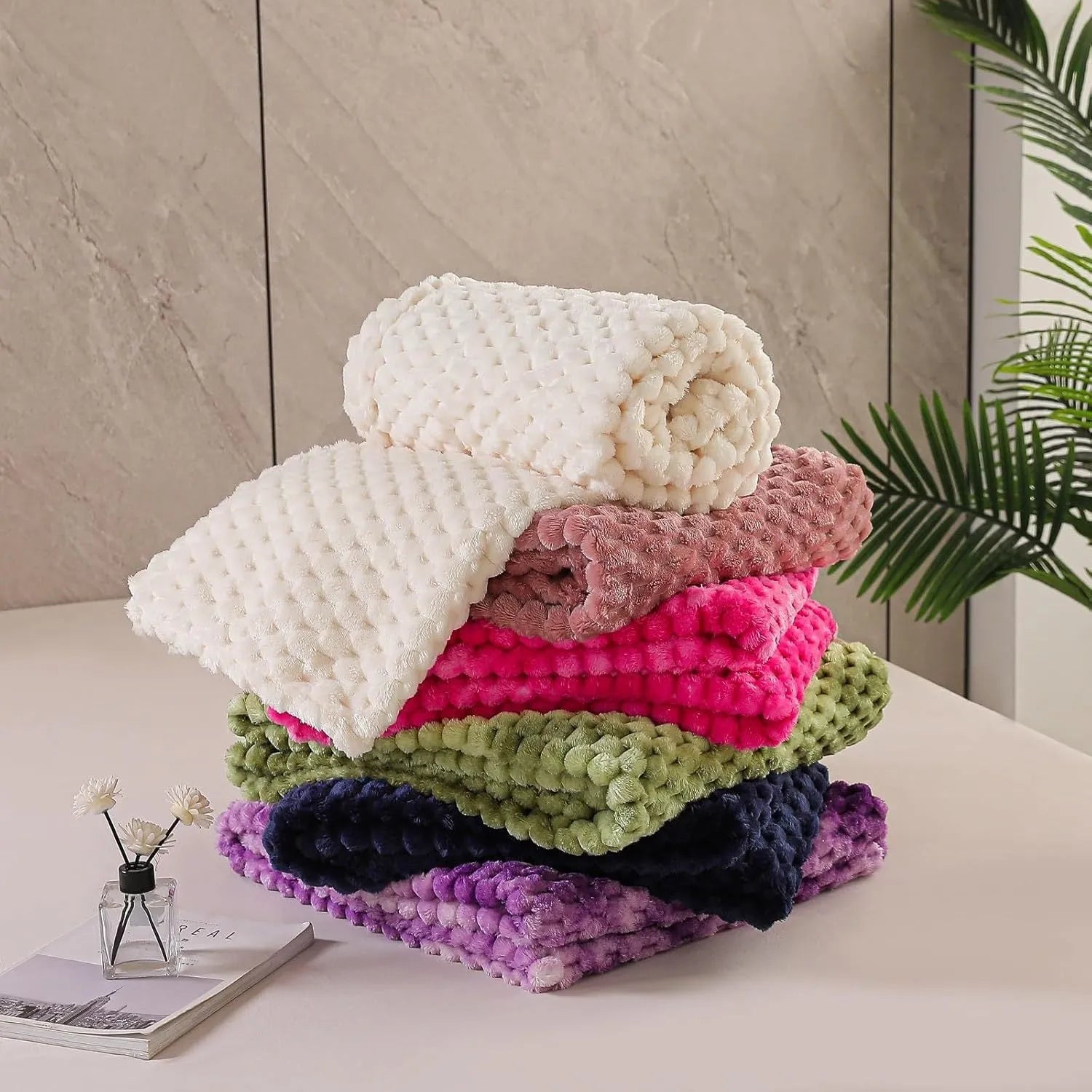 Children's soft plaid polyester blanket in camel colour, shown in a 90x90 inch size.