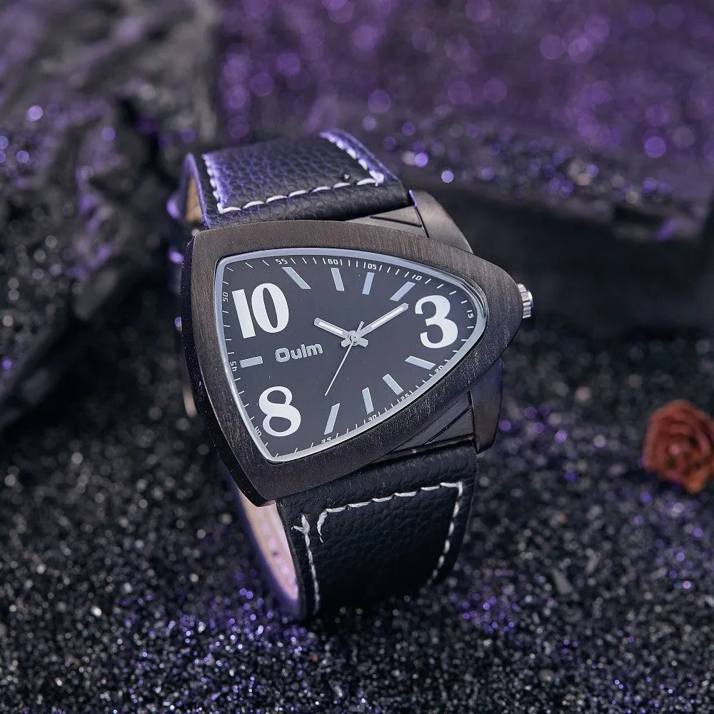 Men's casual wristwatch with a triangle belt strap in a choice of brown, black, or black and blue, showing a slim side profile.