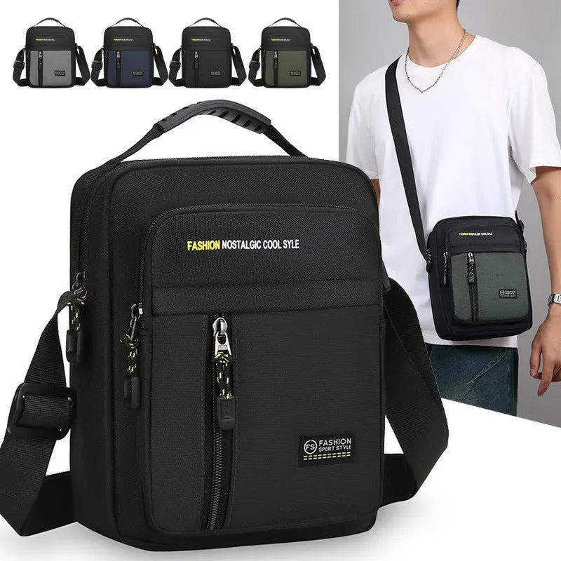 Men's casual nylon crossbody messenger bag in green, shown with visible stitching detail.