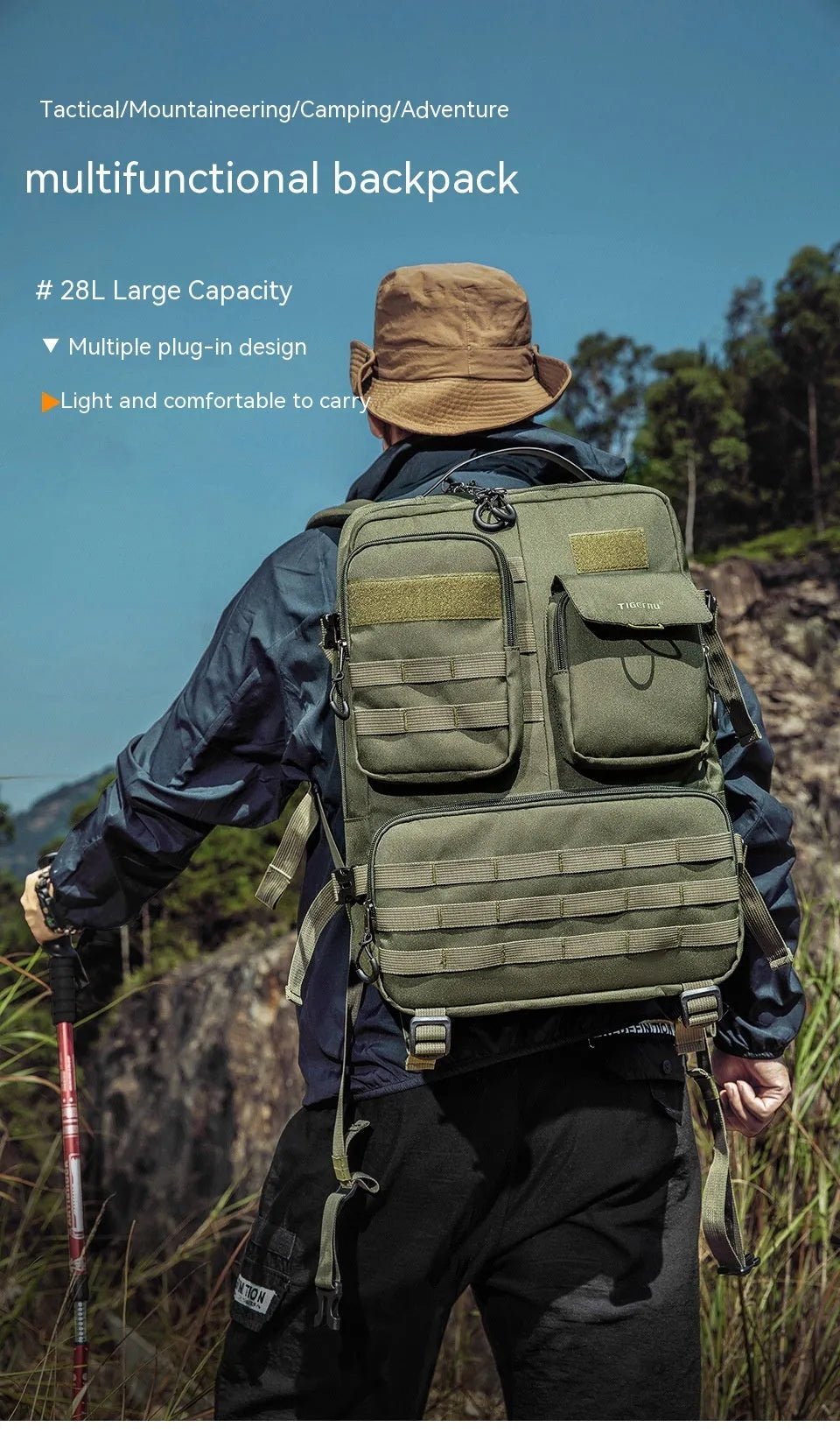 Army Green 17-inch tactical backpack with 20-35 litre capacity for outdoor use