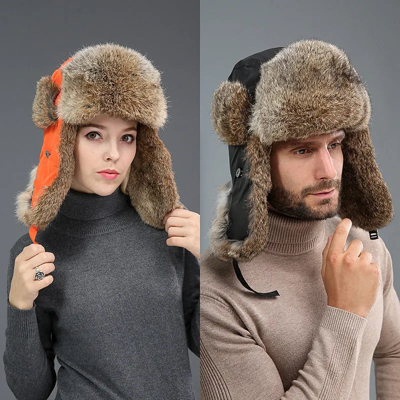 Rabbit fur unisex thickened winter hat with retro dome crown in black cloth black hair colour