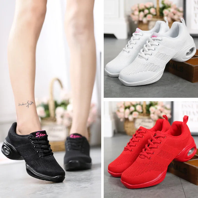 Women's breathable fly woven mesh dance shoes with PU sole in multiple colour options