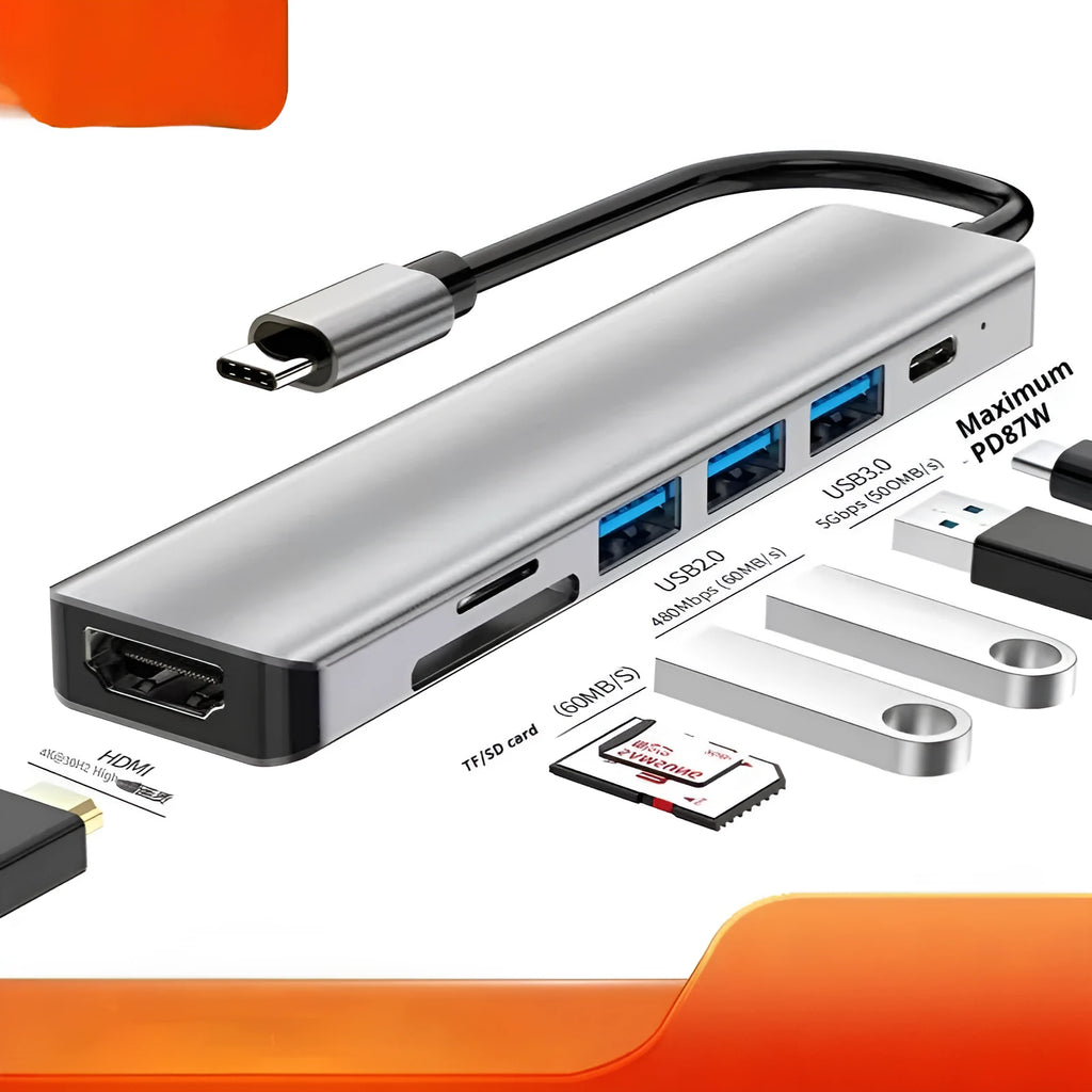 USB-C 7-in-1 expansion dock with HDMI port and USB 3.0 connectors on 15cm cable