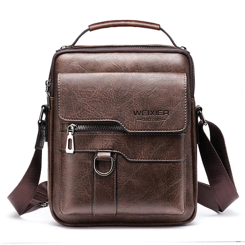 Men's retro PU leather messenger bag with flap closure, one-shoulder crossbody design, black colour