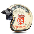 Retro-style ABS half helmet for electric riding shown in multiple colour options with sizing chart