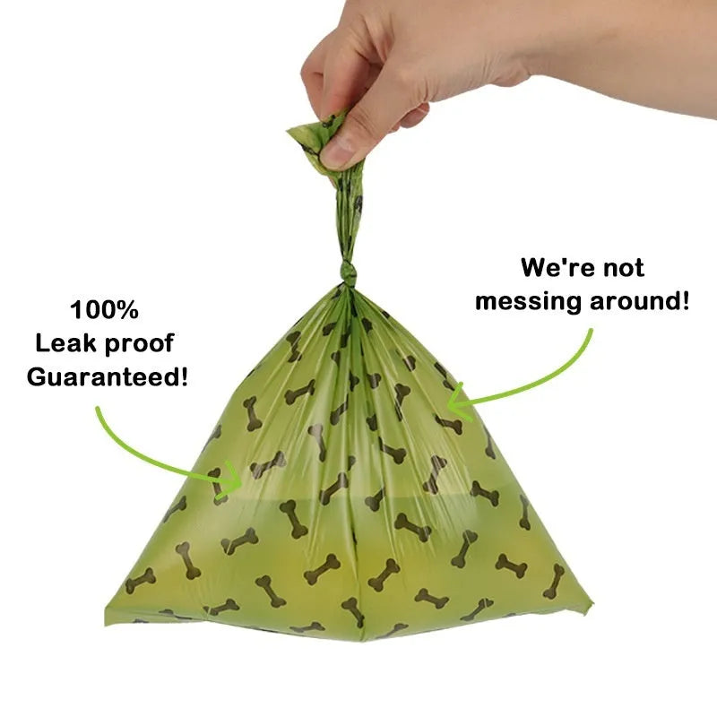 Military green degradable dog poop bags with black bone print, 23cm by 33cm size