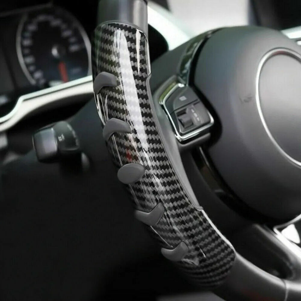 Carbon fibre black steering wheel anti-slip sleeve showing 38cm diameter universal fit