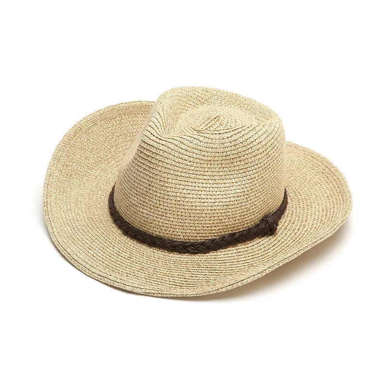 Men's foldable straw sun hat with wide brim in beige colour, shown in collapsed and worn positions