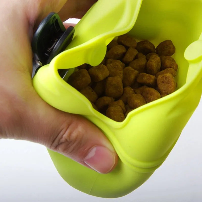 Silicone dog treat training pouch with clip and magnet closure in assorted colours