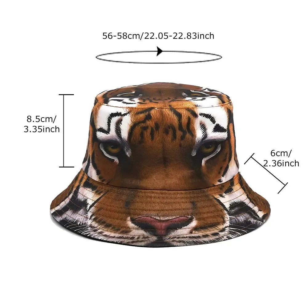 Tiger pattern bucket hat in khaki or black colour with dome crown, M size fits 56-58cm
