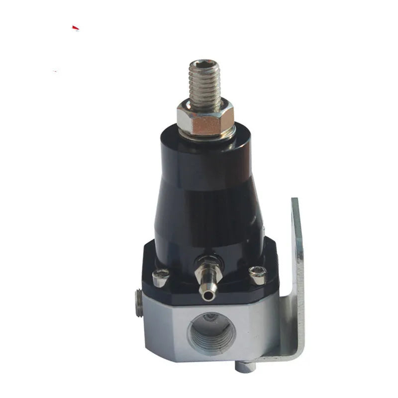 Black CNC aluminium fuel pressure regulator with adjustment dial and oil strap for car fuel systems