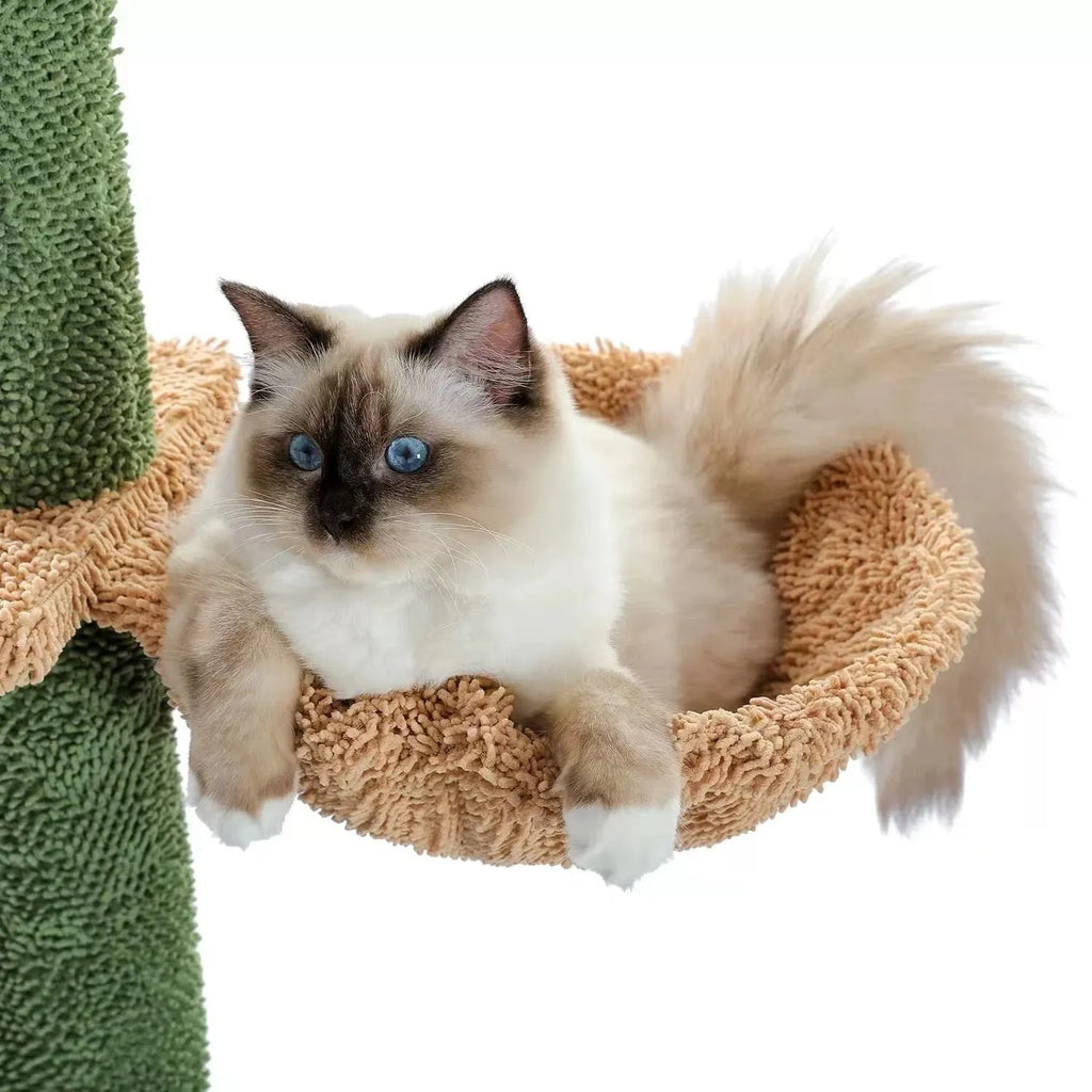Tall cactus-shaped cat tree with platforms, a scratch board, and a hammock.