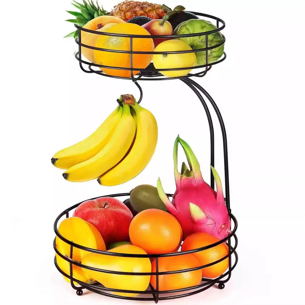 Double-layer black wrought iron fruit basket with two open storage tiers.