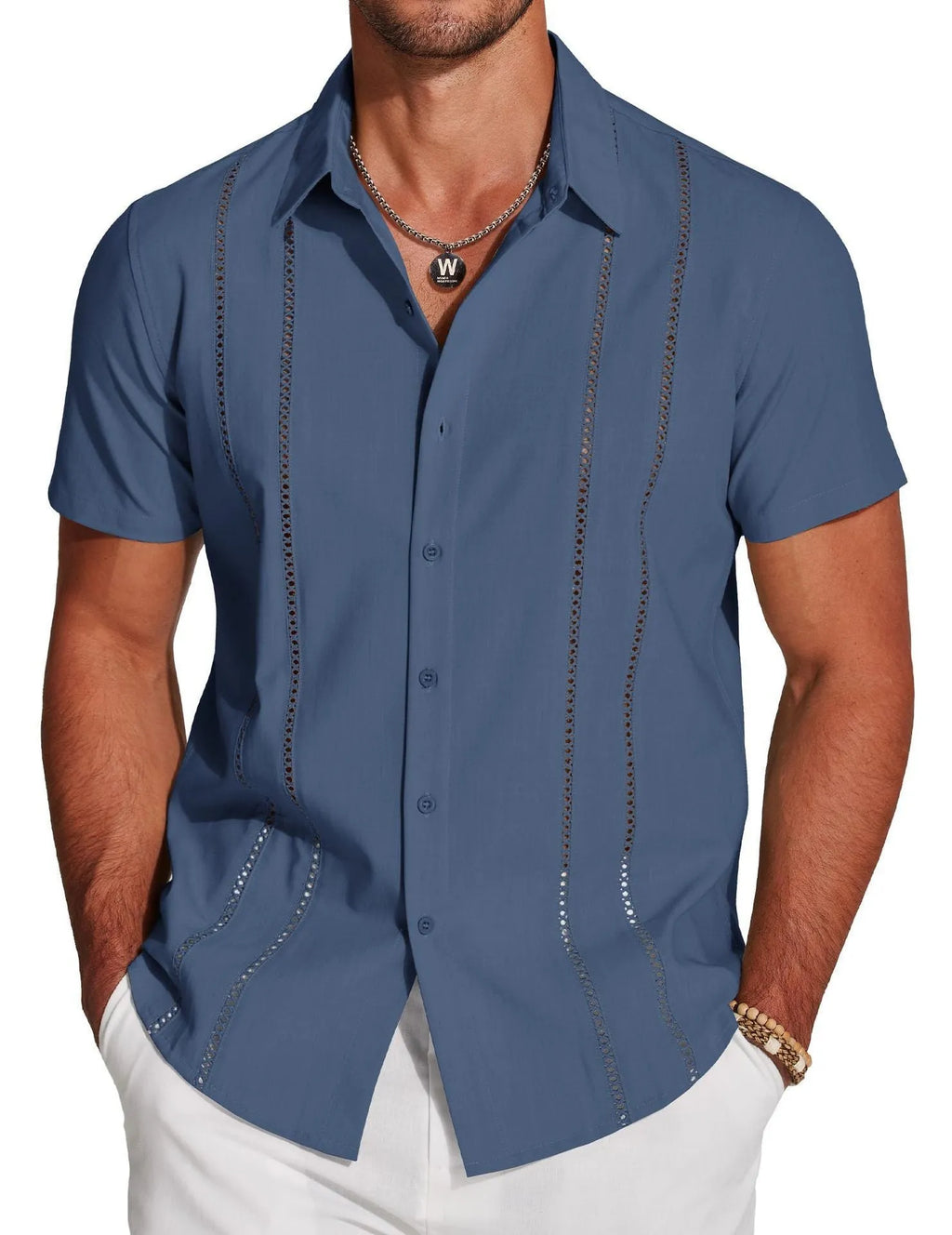 Men's slim fit Hawaiian short sleeve shirt in polyester fabric with digital printing
