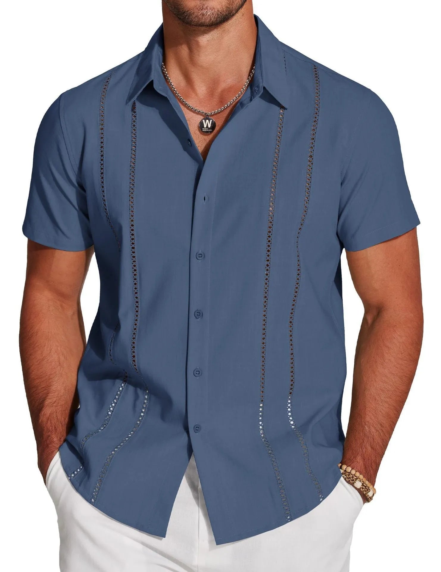 Men's slim fit Hawaiian short sleeve shirt in polyester fabric with digital printing