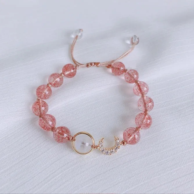 Handcrafted strawberry quartz crystal bracelet with green strawberry quartz moon charm for women