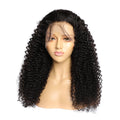 Curly human hair lace front wig on a stand, showing a 13x6 lace front and long, dark curly hair.