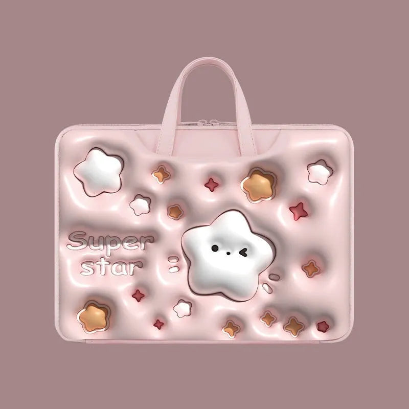 Inflatable PU leather laptop bag in a character design, shown hanging from a suitcase handle.