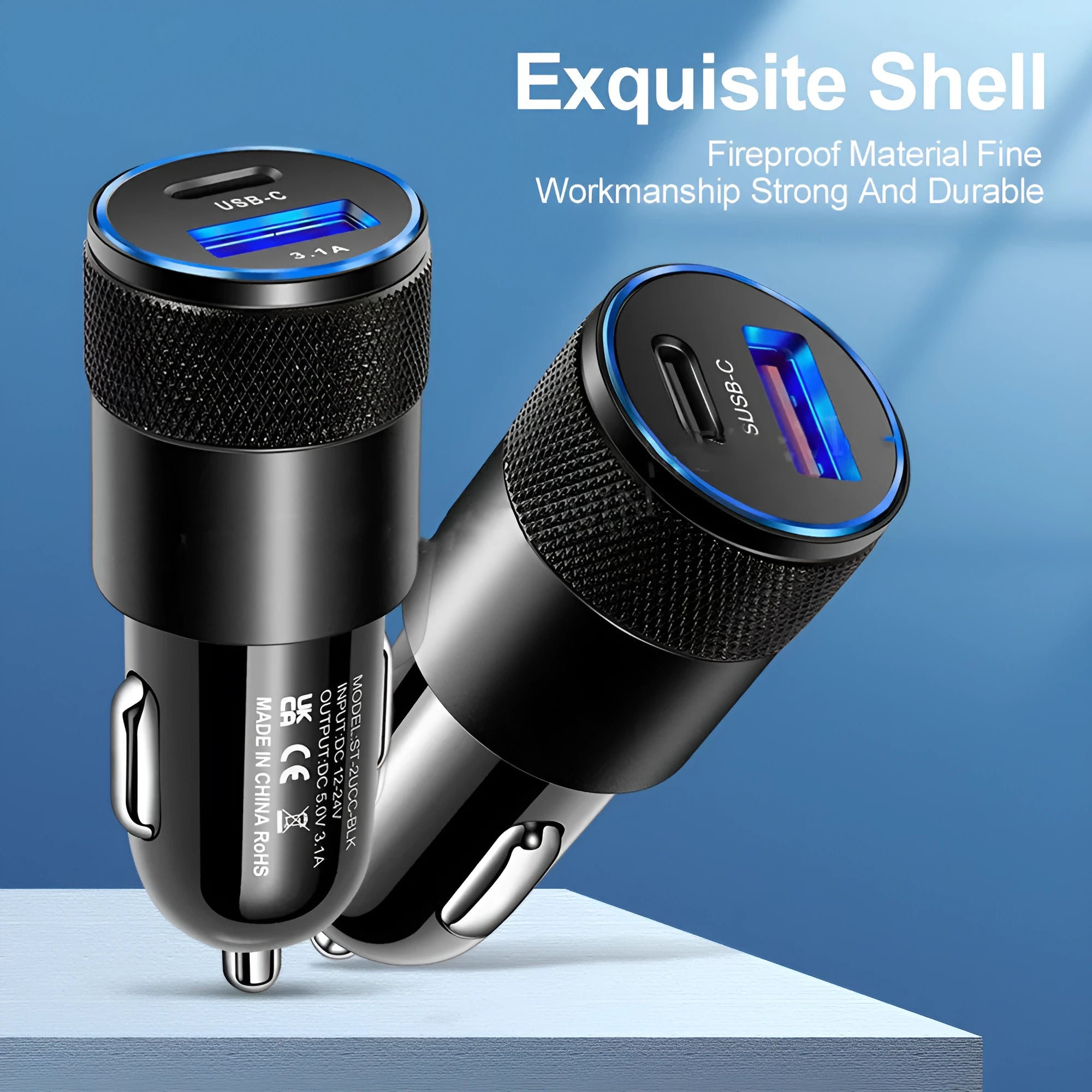 Aluminium alloy mobile phone car charger with ABS housing in black or black silver finish