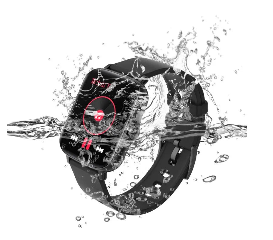 Black smart watch with 1.7-inch colour touch screen on adjustable strap, showing fitness tracking interface.