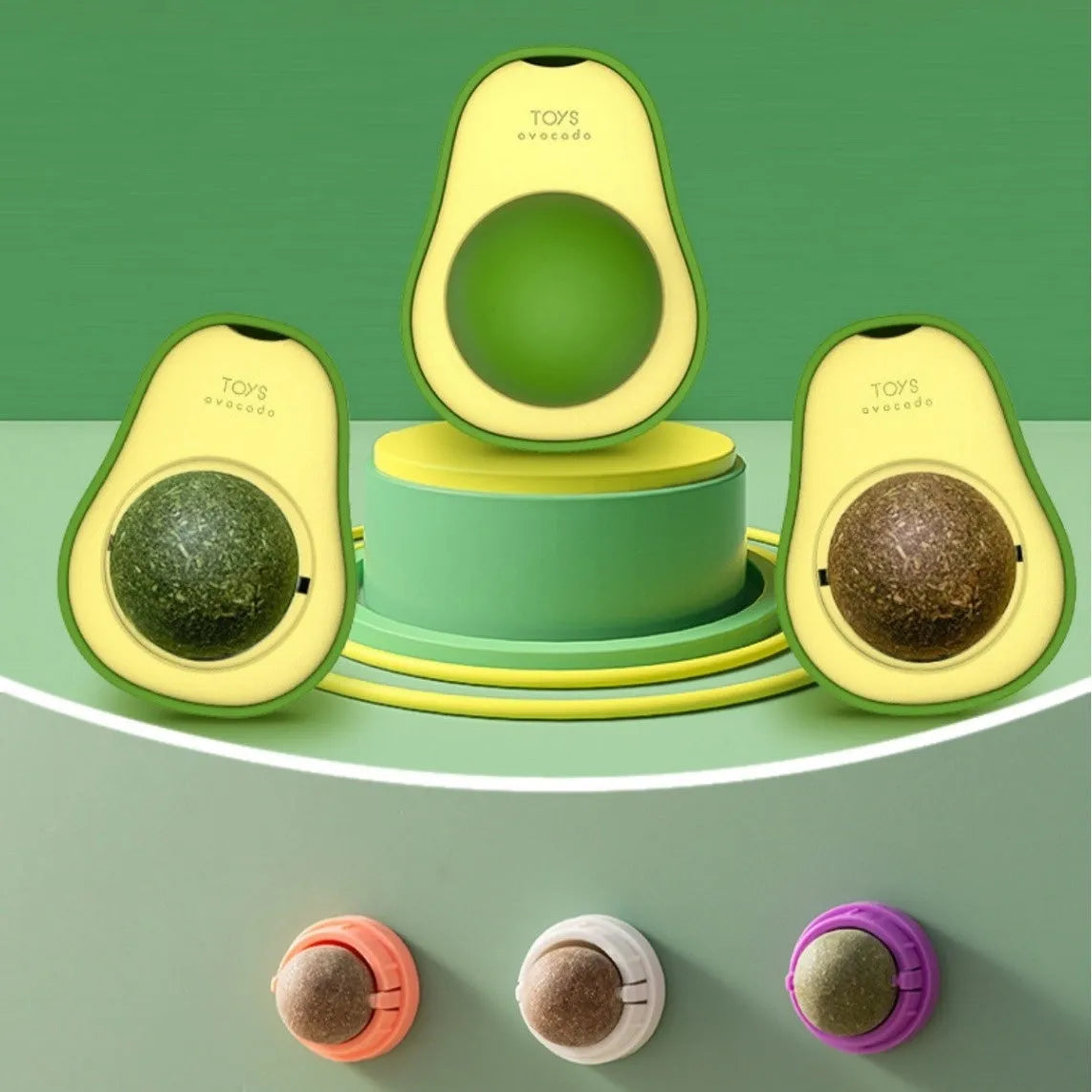 Plastic catnip ball cat toy for teeth cleaning in assorted colours including pink, blue, green.