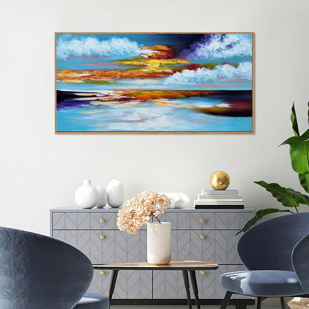 Bright abstract hand-painted oil painting on canvas, seascape sunset landscape, horizontal wall art
