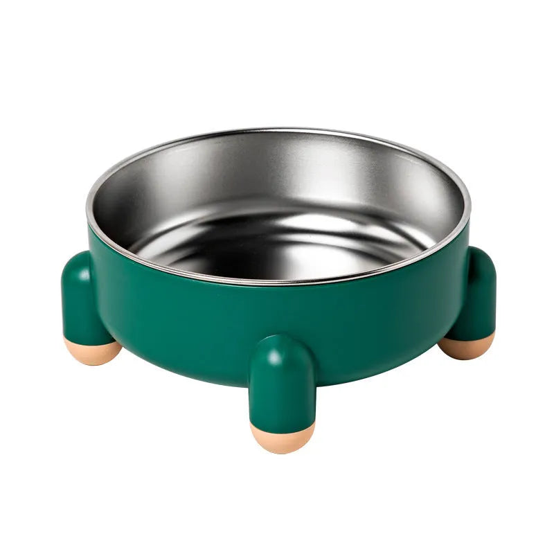 Green stainless steel pet bowl with a high-foot and non-slip base for dogs and cats.