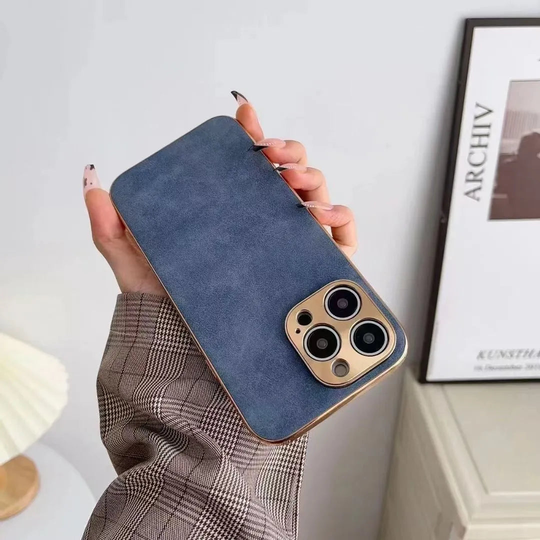 Leather texture TPU iPhone case in solid colours: black, blue, grey, grey-green for iPhone 11, 12, 13, 14 models.