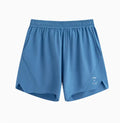 Black and blue four-point stretch running shorts with laser-stitched seams laid flat.