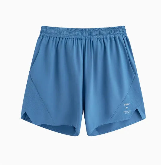Black and blue four-point stretch running shorts with laser-stitched seams laid flat.