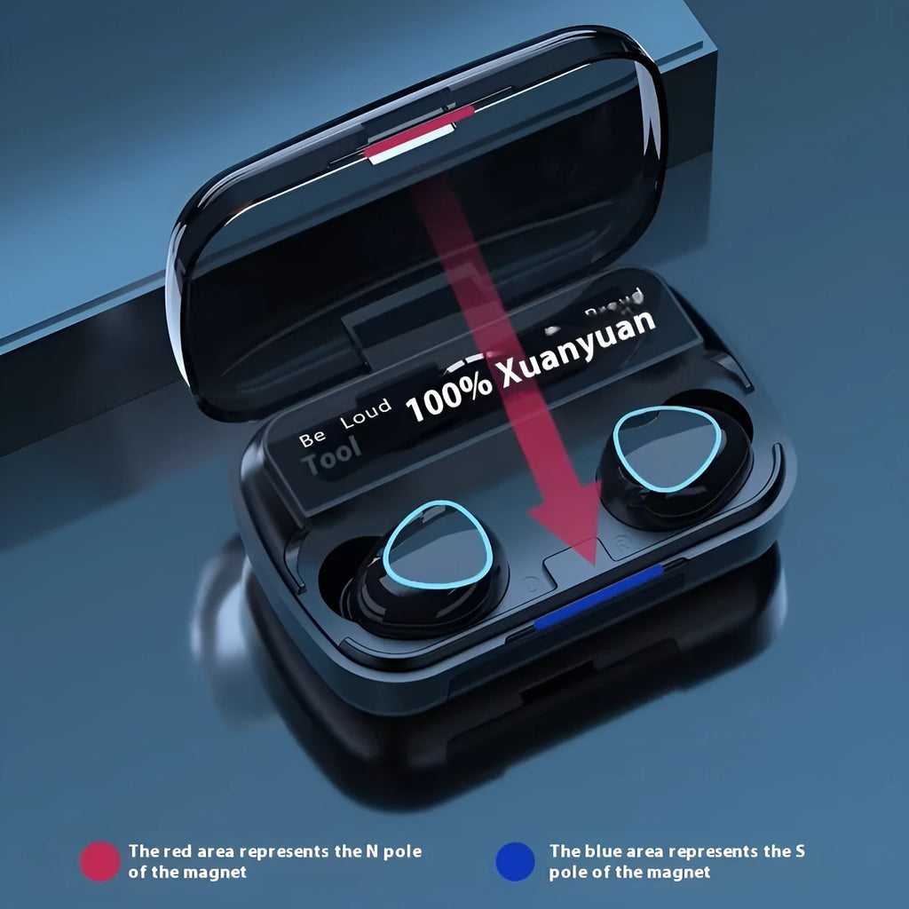 Black sports Bluetooth stereo earphone with digital display charging cabin, magnetic charging, and in-ear design