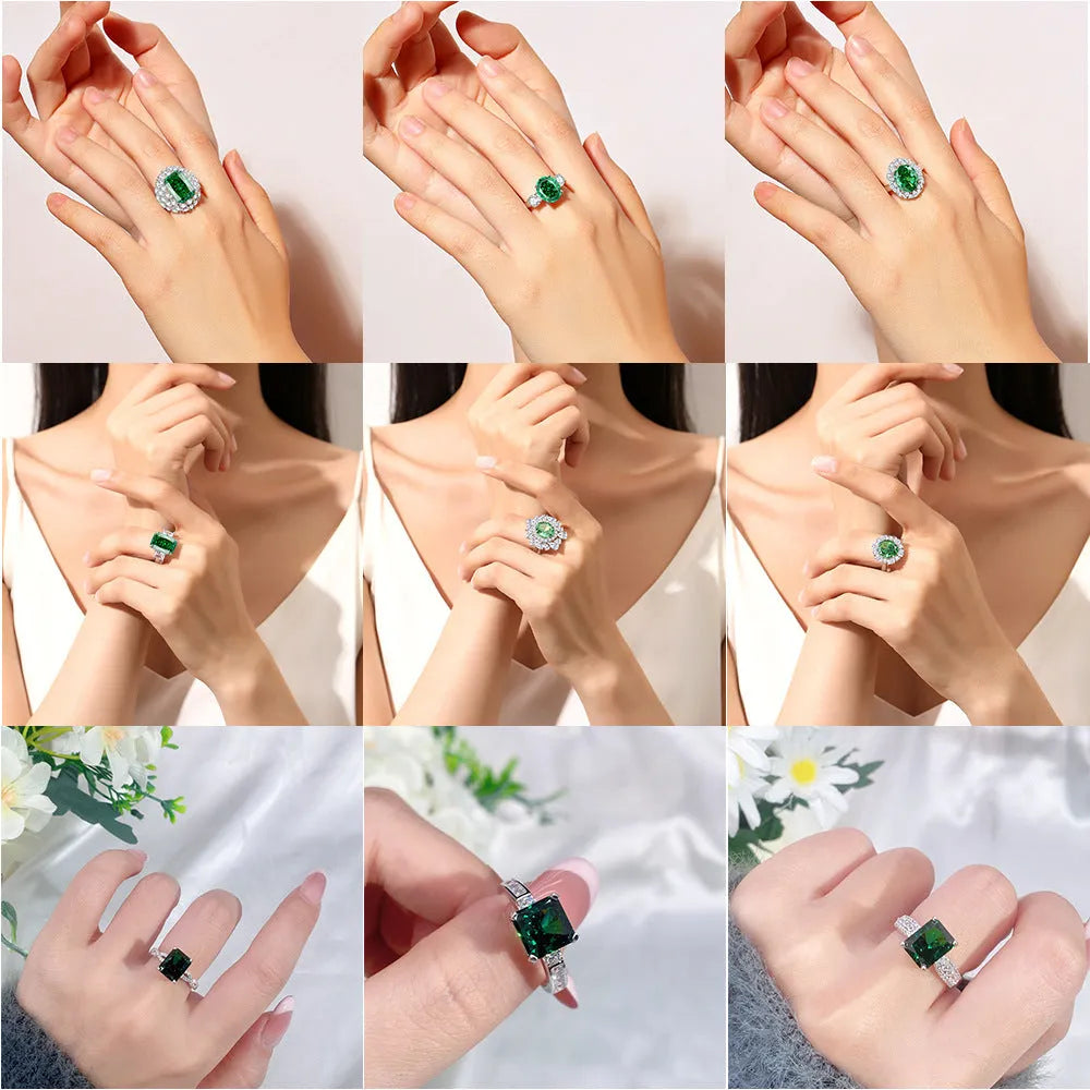 S925 sterling silver women's ring with a green emerald in a Palaibahao design and an inlaid high-carbon diamond on a geometric ellipse band.