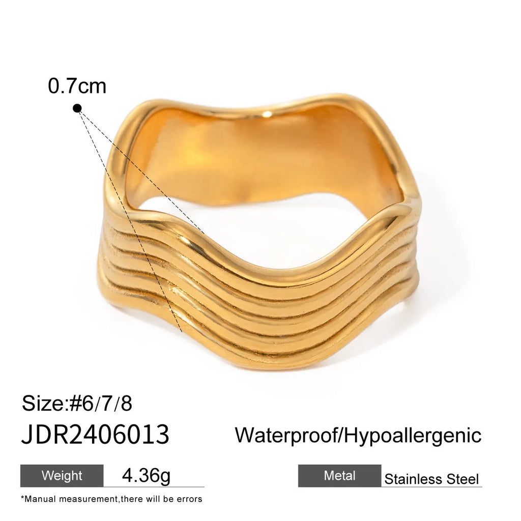 Geometric wave design stainless steel ring with wide surface and electroplated finish