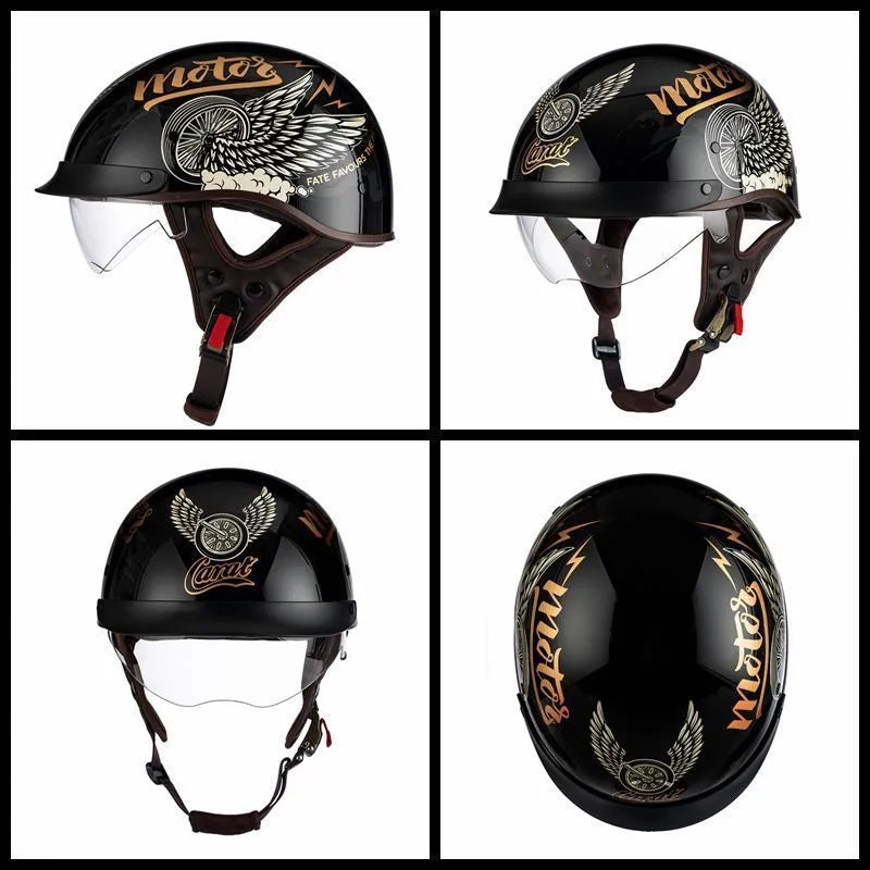 Retro full-face motorcycle helmet in Bright Black Whirlwind Dog colour, available in sizes M to 2XL for universal fit