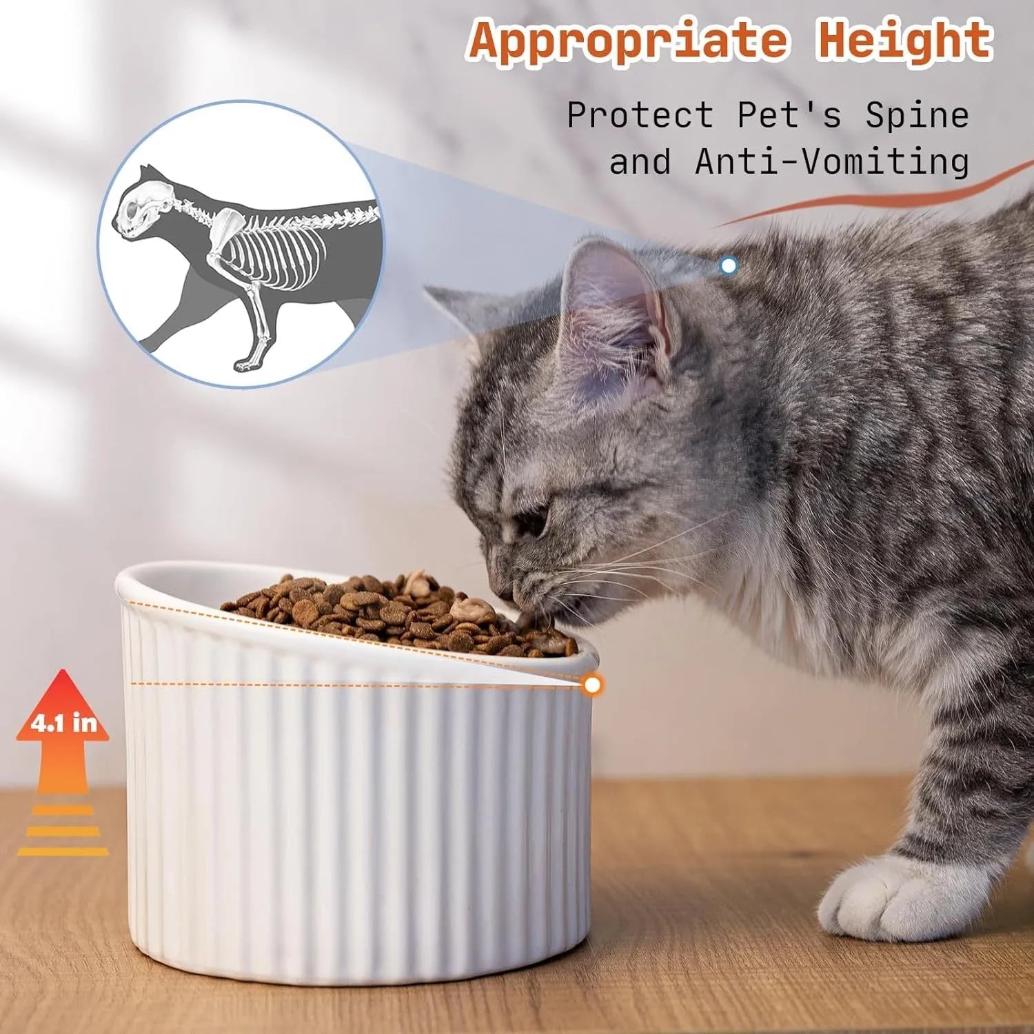 A dark green ceramic elevated cat bowl with a tilted, round design on a wooden surface.