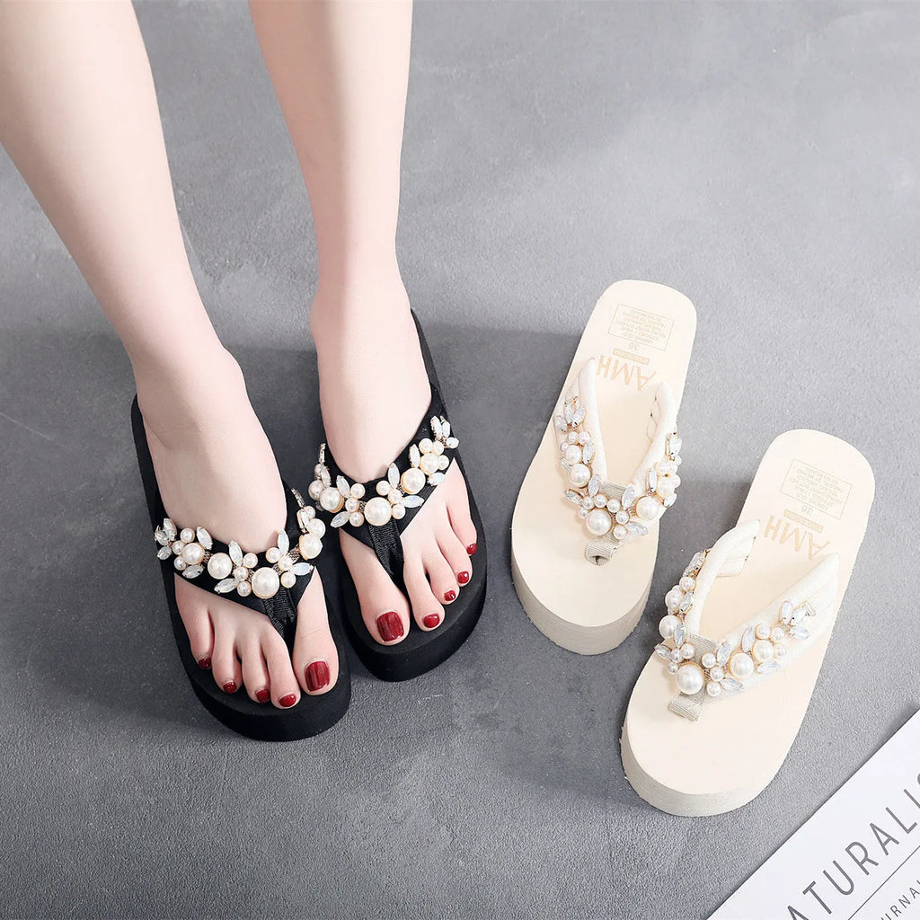 Women's high-heeled flip-flops in beige with cotton cloth upper, showing casual summer sandal design