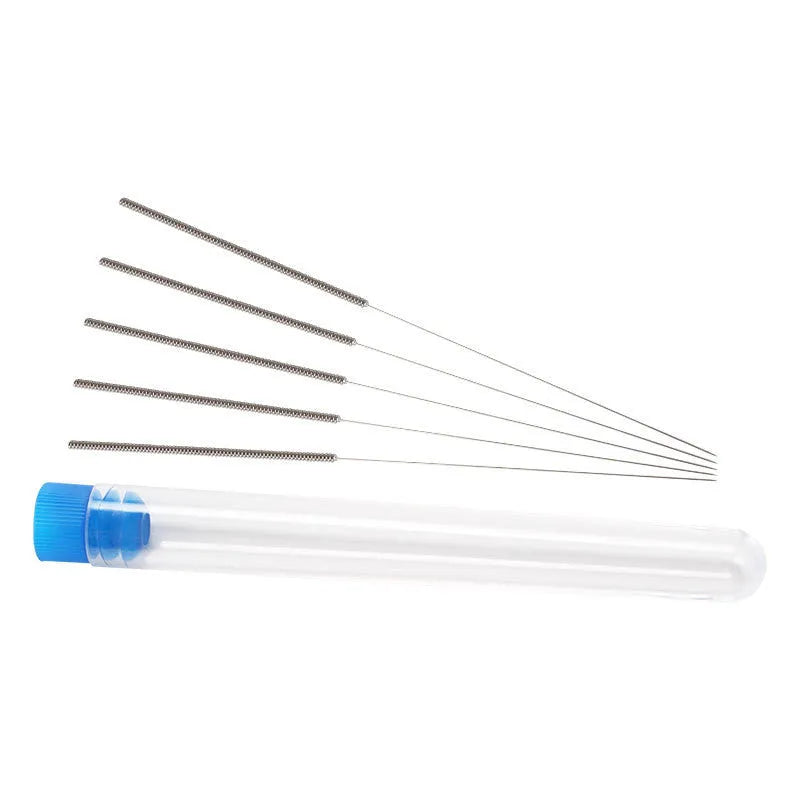 Pack of ten metal cleaning needles for Mk8 and E3D 3D printer nozzles in various diameters.